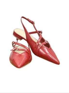 #014  Red Pointed Toe Slingback Flats with Double Straps